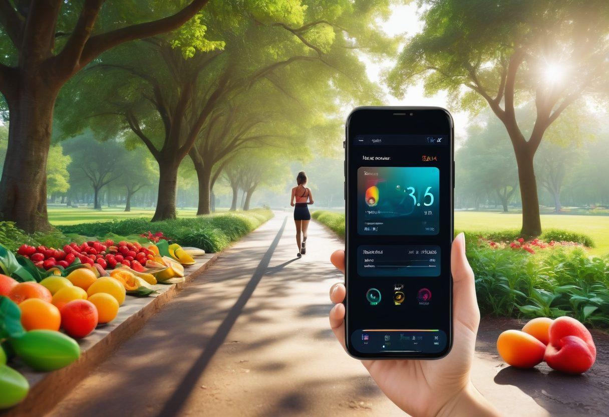 A vibrant and engaging visual of a fitness tracker displaying colorful progress bars and weight loss metrics on a sleek smartphone interface. In the background, a motivated person jogging in a sunny park, with fresh fruits and a water bottle beside them, symbolizing healthy lifestyle choices. Include motivational quotes subtly intertwined in the design. bright colors. modern digital art.