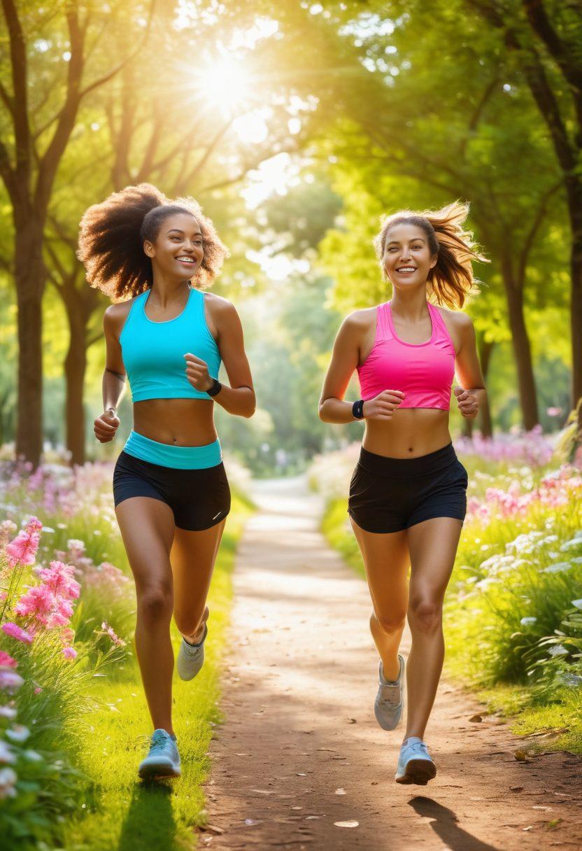 A dynamic scene of two friends jogging together in a lush park, surrounded by motivational quotes floating in the air. One friend is cheering the other on, showcasing a supportive bond, while bright sunlight bathes the landscape. Include elements like a fitness tracker on their wrists and a vibrant, colorful background with trees and flowers. super-realistic. vibrant colors. 3D.