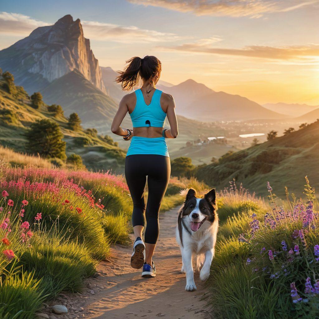A dynamic scene depicting a joyful person jogging alongside a friendly, animated fitness buddy, a playful dog with a fitness tracker. The background features a sunrise over scenic hills, symbolizing new beginnings and motivation. Include fitness equipment like dumbbells and yoga mats scattered around, surrounded by vibrant greenery and wildflowers. This conveys a sense of companionship and active lifestyle. super-realistic. vibrant colors. uplifting atmosphere.